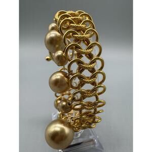 Kenneth Lane Vintage 1980's Gold Tone w/Dangle Pearls Wide Bracelet 6.75” Toggle